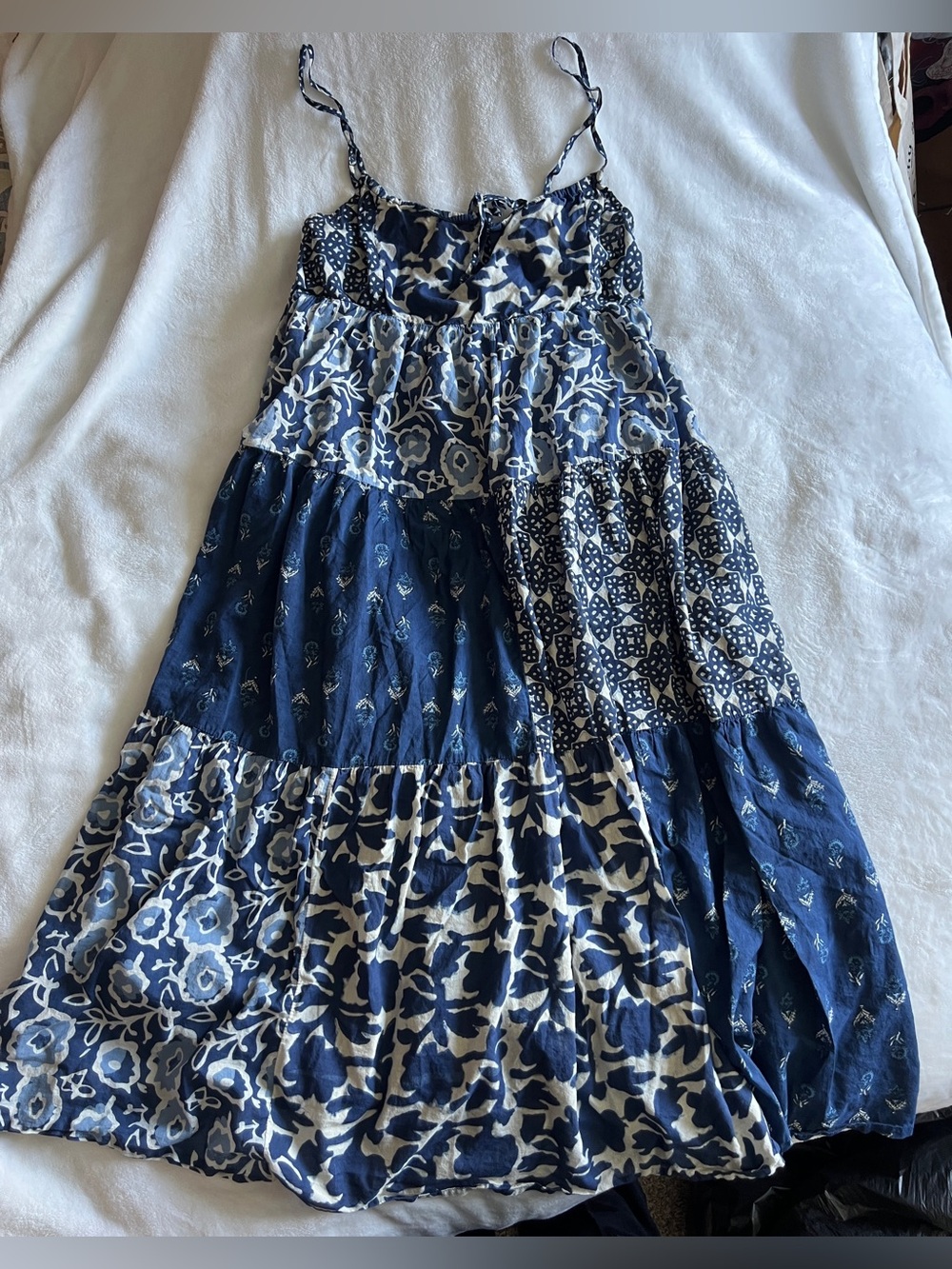 Lucky Brand Navy and Cream Printed Tiered Dress